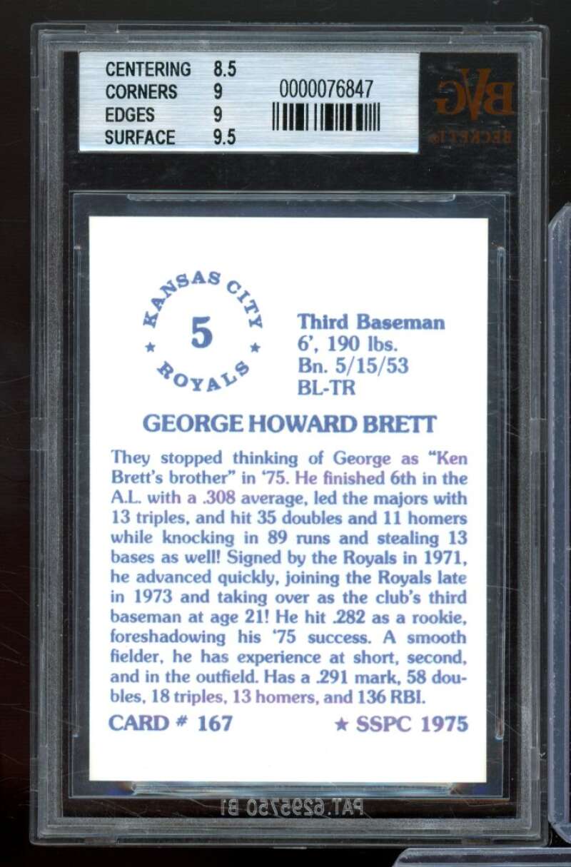 George Brett Card 1976 SSPC #167 BVG BGS 9 Image 2