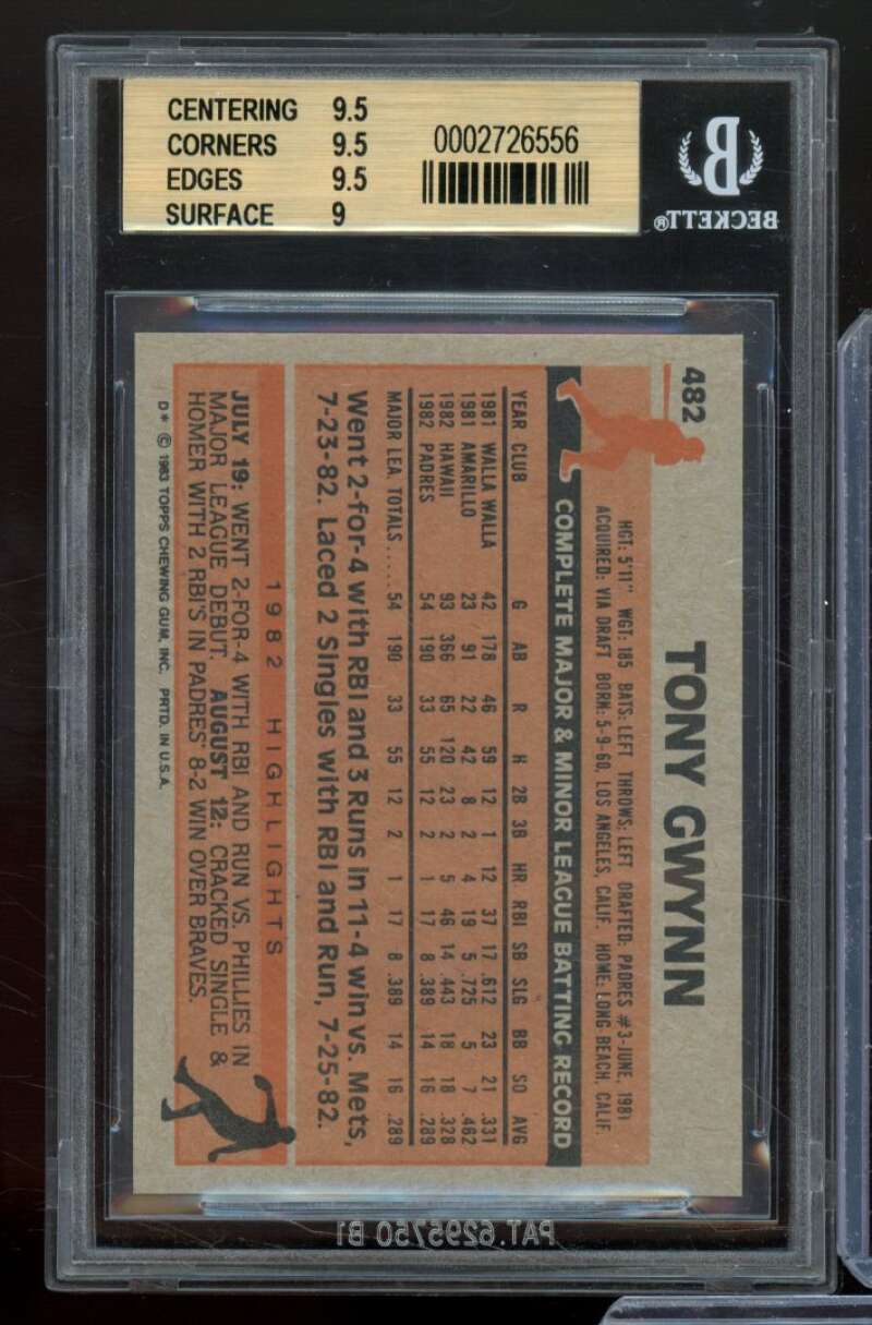 Tony Gwynn Rookie Card 1983 Topps #482 BGS 9.5 Image 2