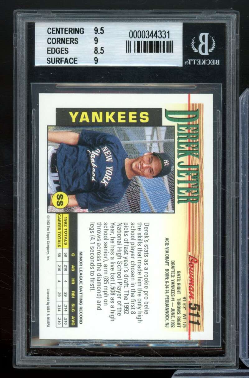 Derek Jeter Rookie Card 1993 Bowman #511 BGS 9 Image 2