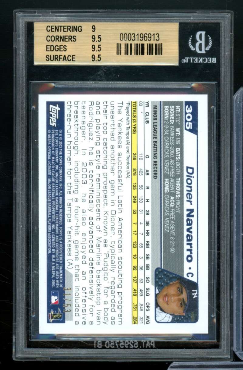 Dioner Navarro Rookie Card 2004 Topps Black #305 BGS 9.5 Image 2