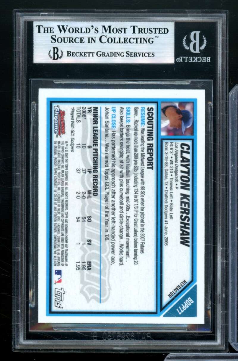 Clayton Kershaw RC 2007 Bowman Chrome Draft Future's Refractors #BDPP77 BGS 9 Image 2