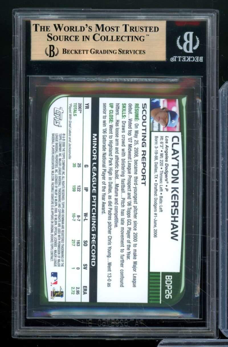 Clayton Kershaw Rookie Card 2008 Bowman Draft #BDP26 BGS 9.5 Image 2