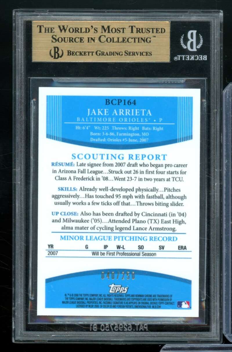 Jake Arrieta Rookie Card 2008 Bowman Chrome Prospects X-Fractors #Bcp164 BGS 9.5 Image 2