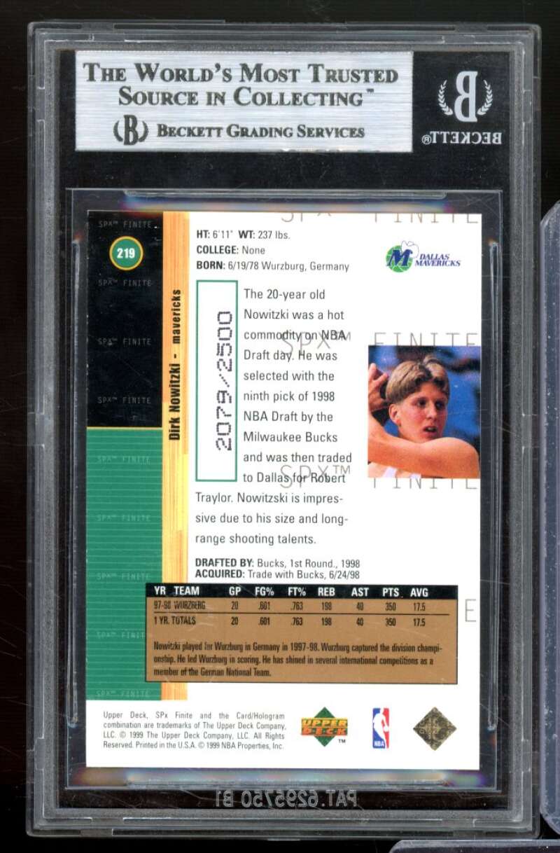 Dirk Nowitzki Rookie Card 1998-99 SPX Finite #219 BGS 9 Image 2