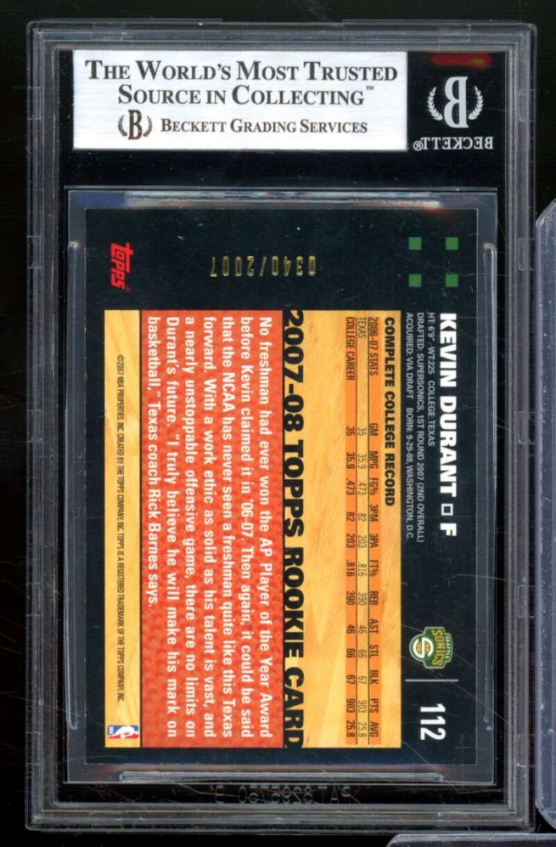 Kevin Durant Rookie Card 2007-08 Topps Gold #112 BGS 9 Image 2