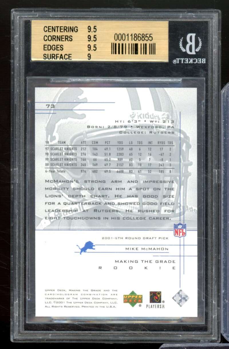 Mike Mcmahon Rookie Card 2001 UD Graded #73 BGS 9.5 Image 2