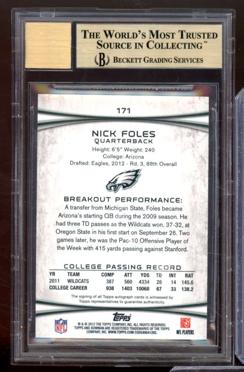 Nick Foles Rookie Card 2012 Bowman Rookie Autographs #171 BGS 9.5 Image 2