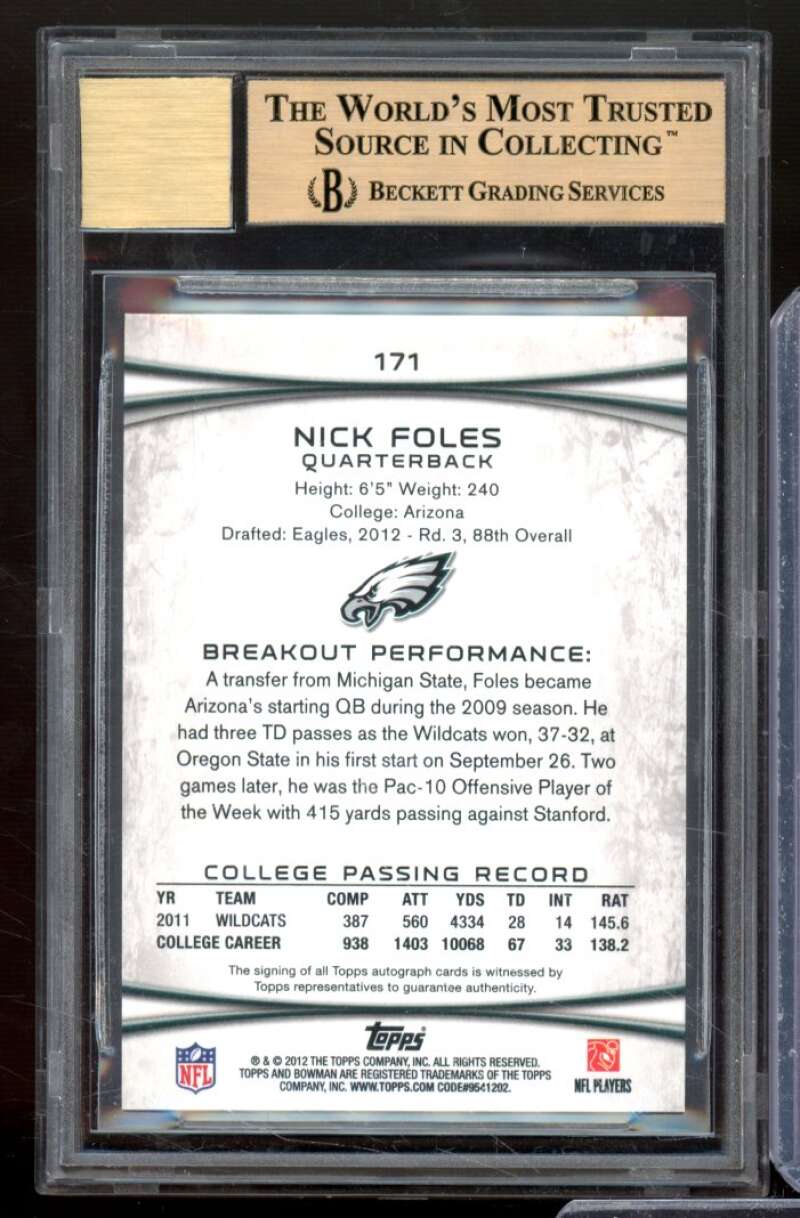 Nick Foles Rookie Card 2012 Bowman Rookie Autographs #171 BGS 9.5 Image 2