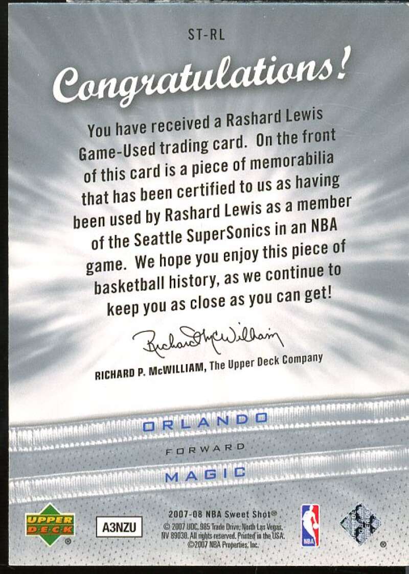 Rashard Lewis Card 2007-08 Sweet Shot Sweet Stitches #RL  Image 2