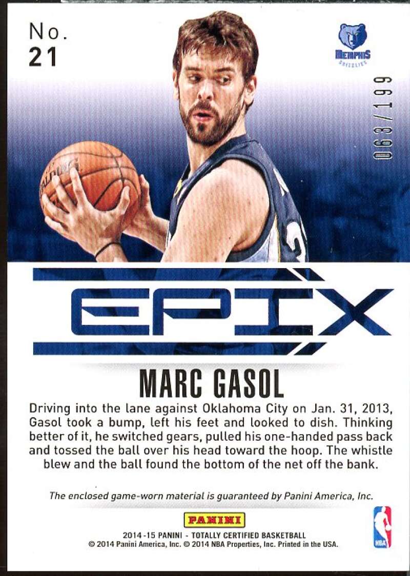 Marc Gasol Card 2014-15 Totally Certified EPIX Play Memorabilia Red #21  Image 2