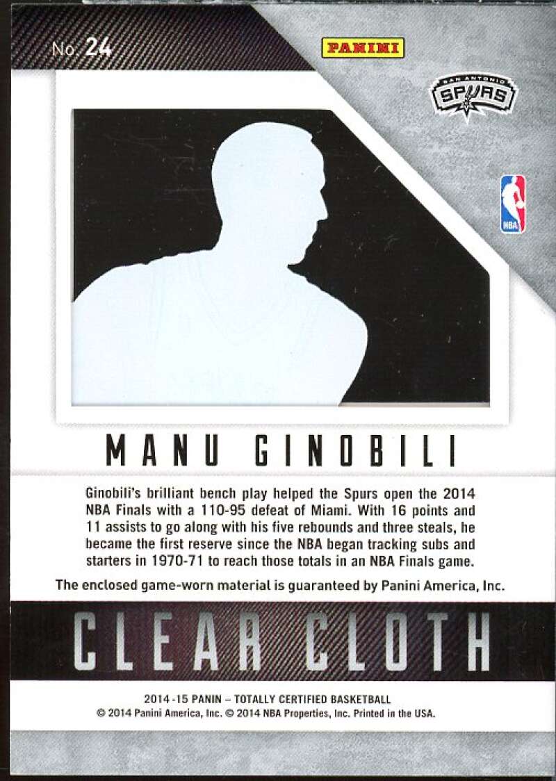 Manu Ginobili Card 2014-15 Totally Certified Clear Cloth Jerseys Blue #24  Image 2