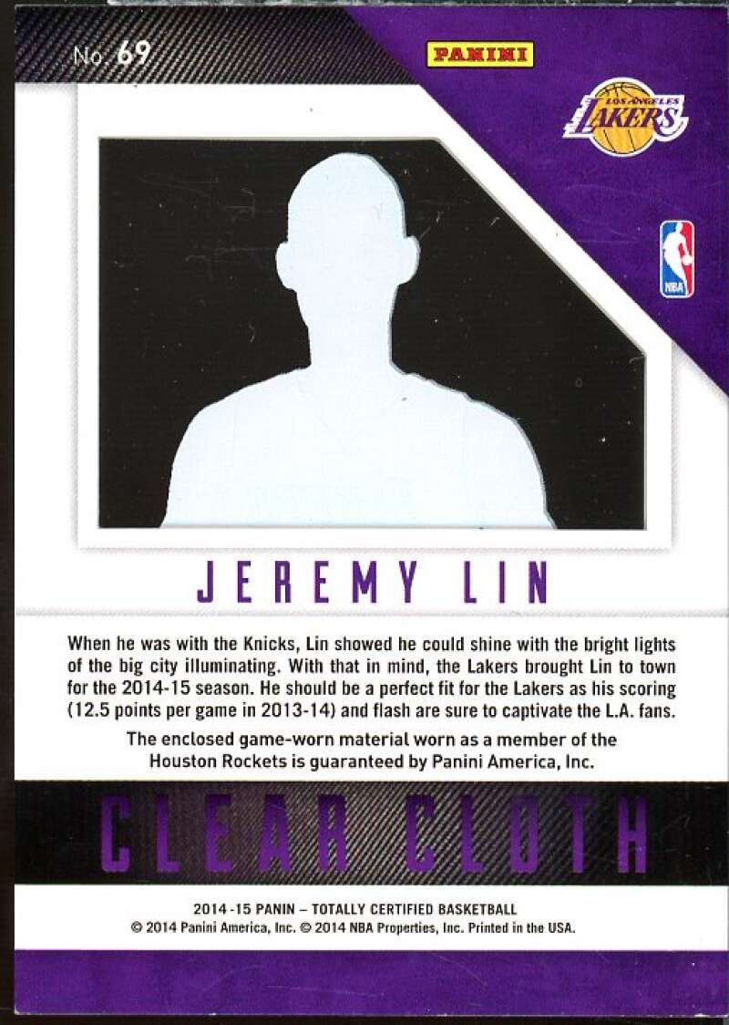 Jeremy Lin Card 2014-15 Totally Certified Clear Cloth Jerseys Red #69  Image 2