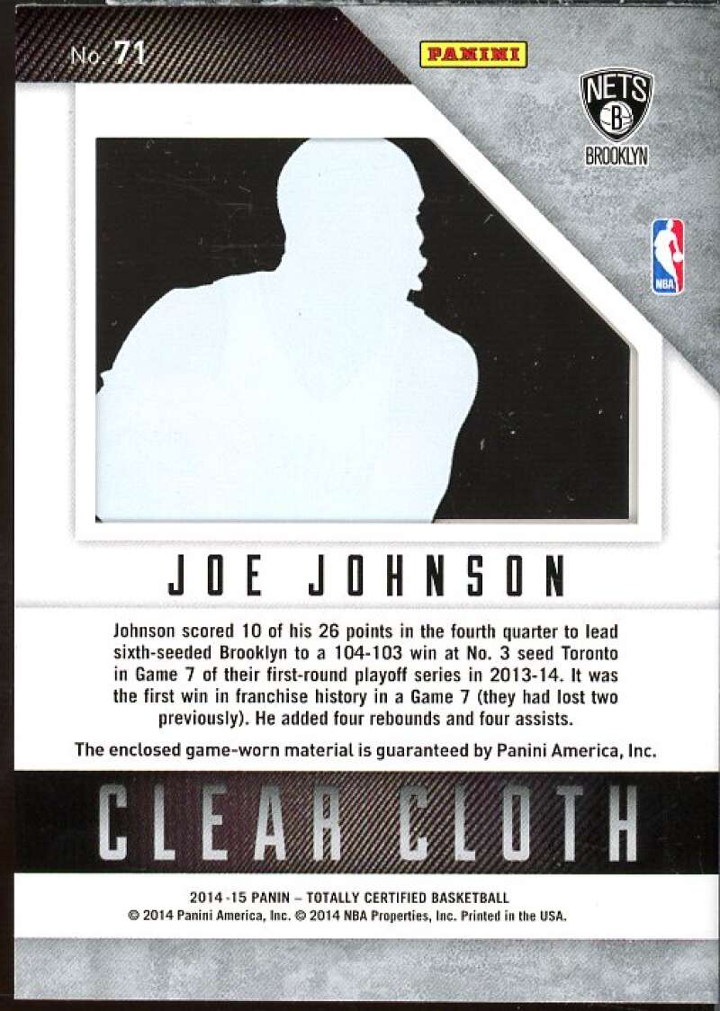 Joe Johnson Card 2014-15 Totally Certified Clear Cloth Jerseys Red #71  Image 2