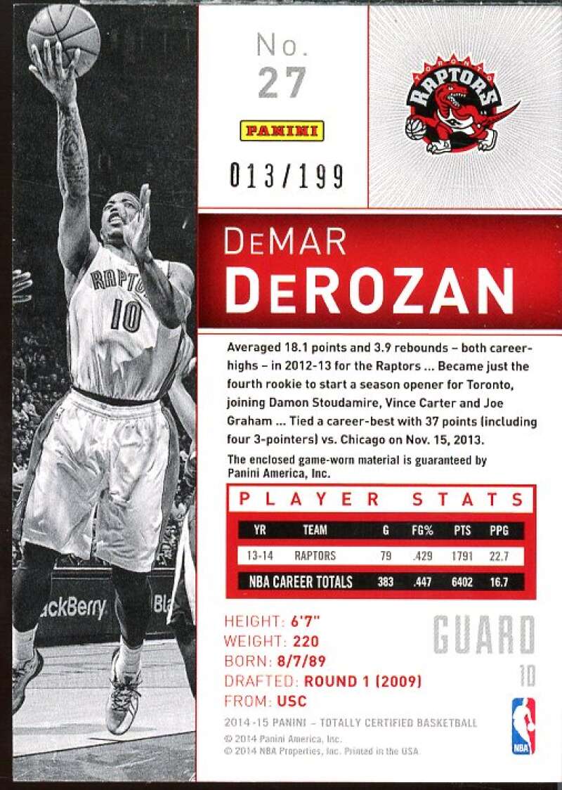 DeMar DeRozan Card 2014-15 Totally Certified Jerseys Blue #27  Image 2