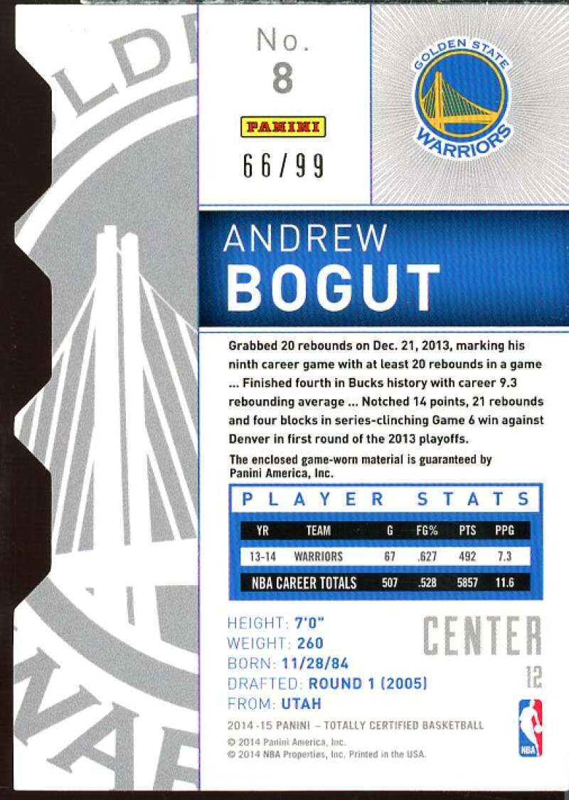 Andrew Bogut Card 2014-15 Totally Certified Jerseys Purple Die Cuts #8  Image 2