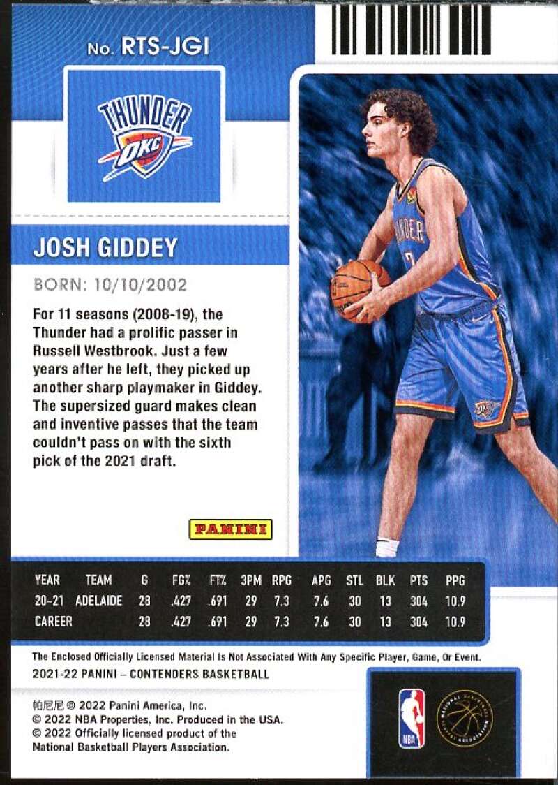 Josh Giddey Rookie Card 2021-22 Panini Contenders Rookie Ticket Swatches #6  Image 2