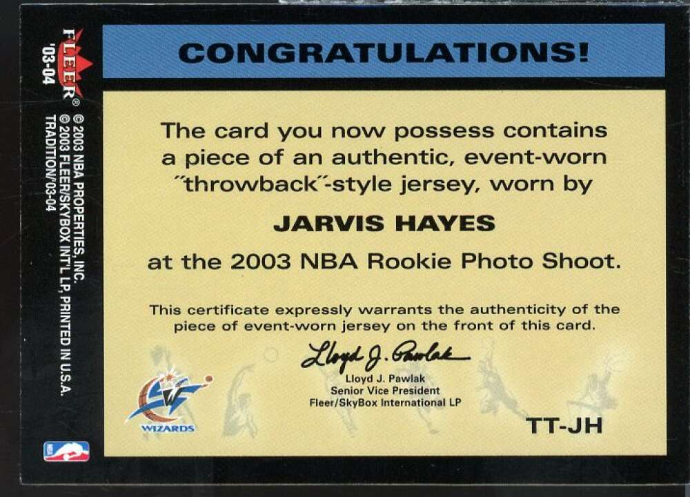 Jarvis Hayes Card 2003-04 Fleer Tradition Throwback Threads Event Worn #JH  Image 2