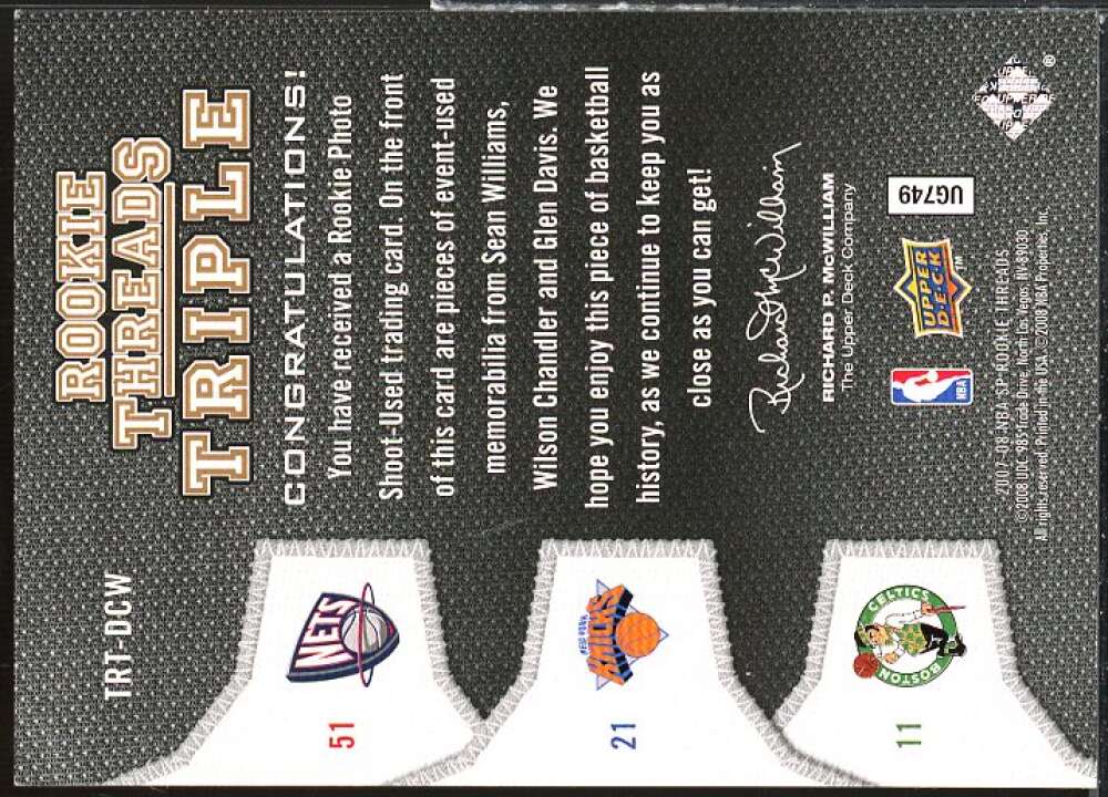 Williams/Chandler/Davis 2007-08 SP Rookie Threads Rookie Threads Triple #DCW  Image 2