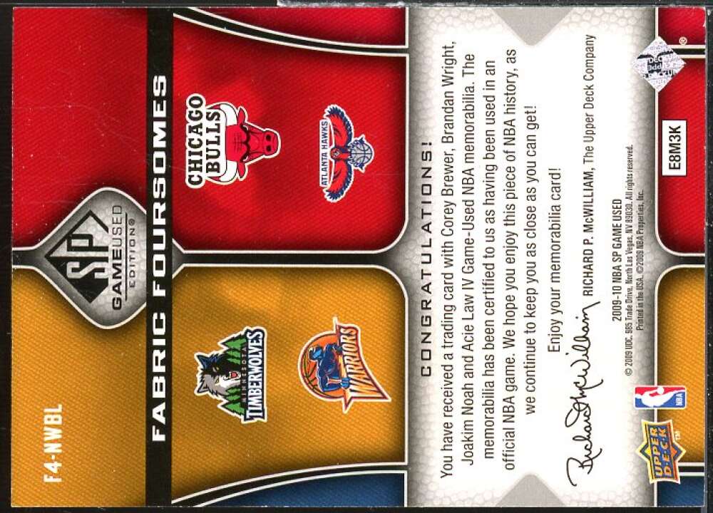 Acie Law/Noah/Wright/Brewer Card 2009-10 SP Game Used Fabric Foursomes #F4NWBL  Image 2