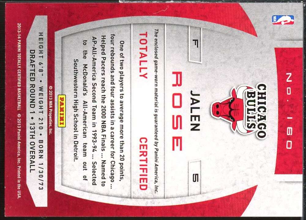 Jalen Rose Card 2013-14 Totally Certified Materials #160  Image 2