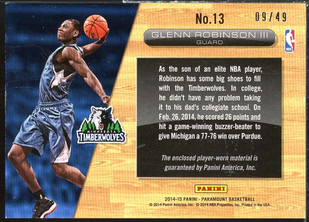 Glenn Robinson III Rookie Card 2014-15 Paramount Rookie Jumbo Jerseys #13  Image 2