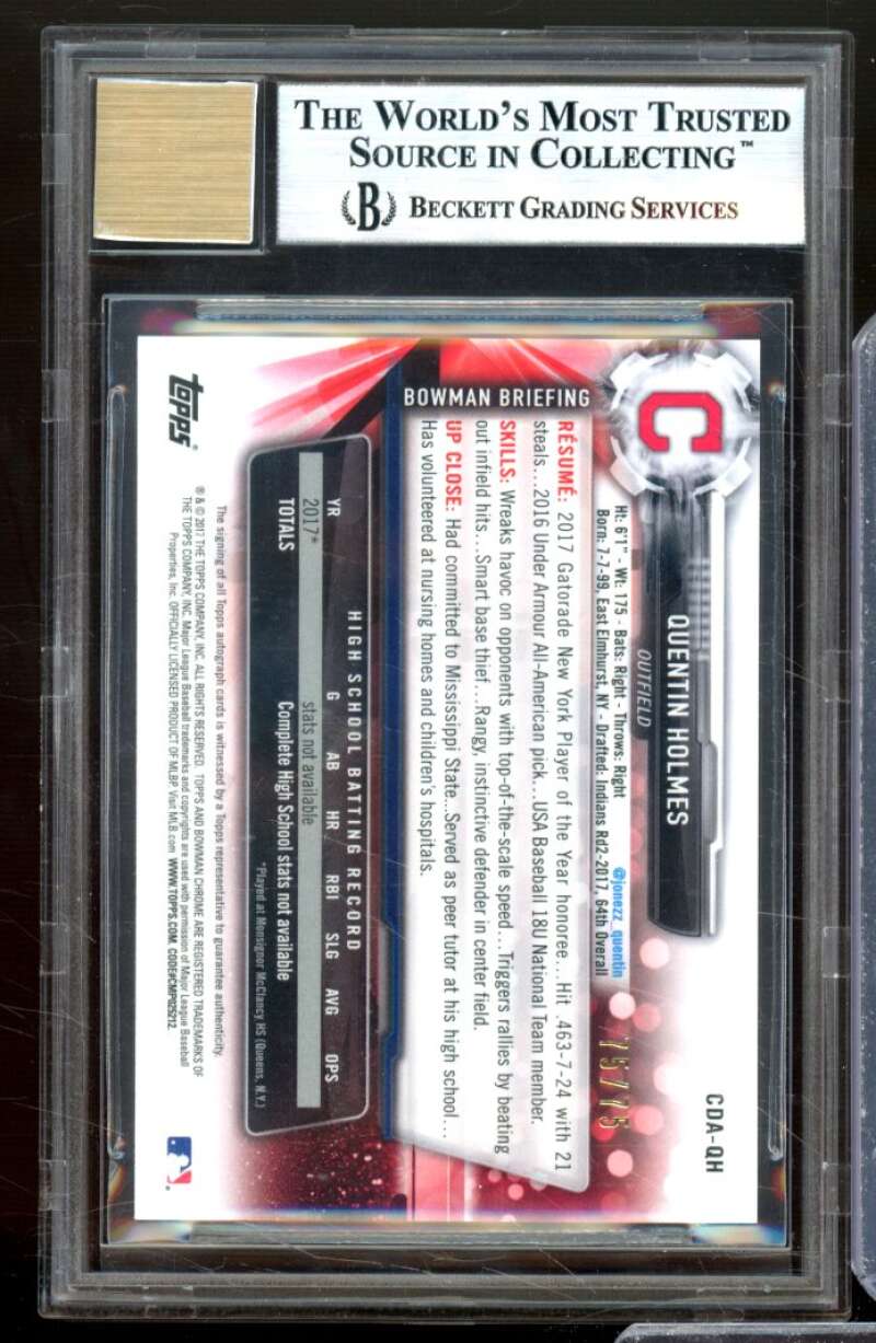 Quentin Holmes RC 2017 Bowman Chrome Draft Auto Black Refractors #CDAQH BGS 8.5 Image 2