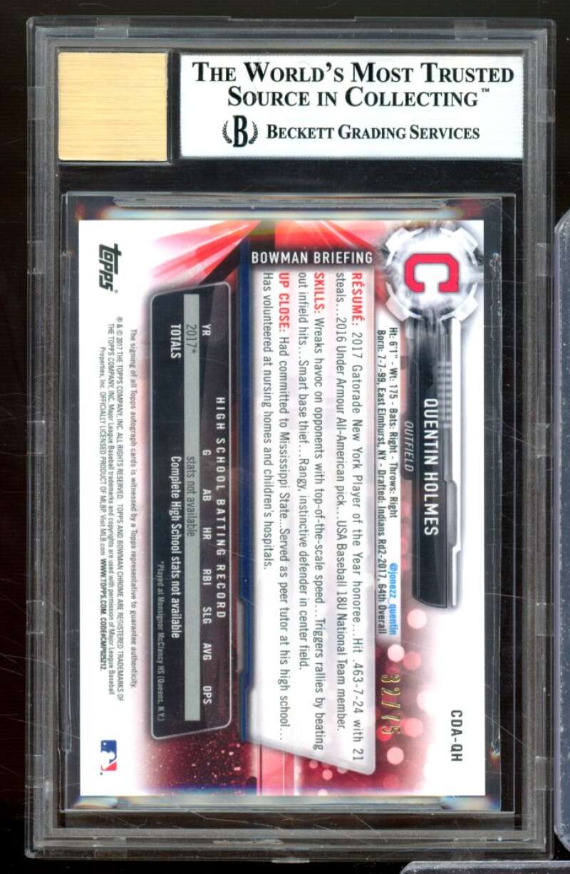 Quentin Holmes RC 2017 Bowman Chrome Draft Auto Black Refractors #CDAQH BGS 9 Image 2