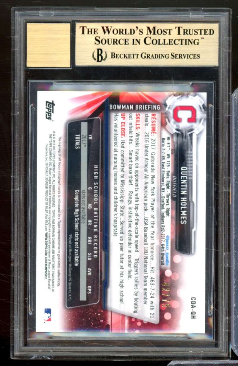 Quentin Holmes RC 2017 Bowman Chrome Draft Auto Black Refractors #CDAQH BGS 9.5 Image 2