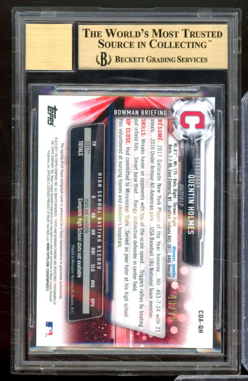 Quentin Holmes RC 2017 Bowman Chrome Draft Auto Black Refractors #CDAQH BGS 9.5 Image 2