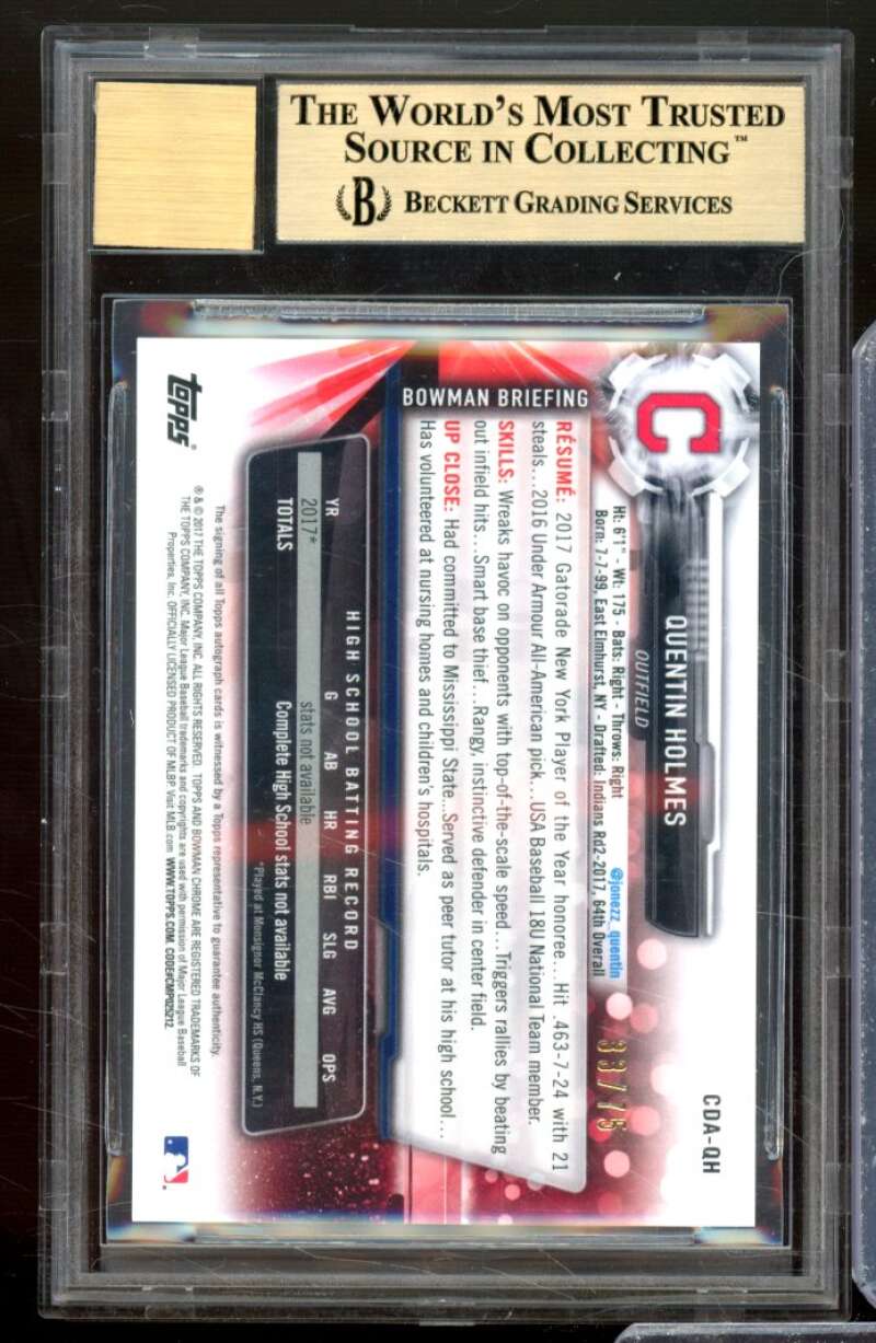 Quentin Holmes RC 2017 Bowman Chrome Draft Auto Black Refractors #CDAQH BGS 9.5 Image 2