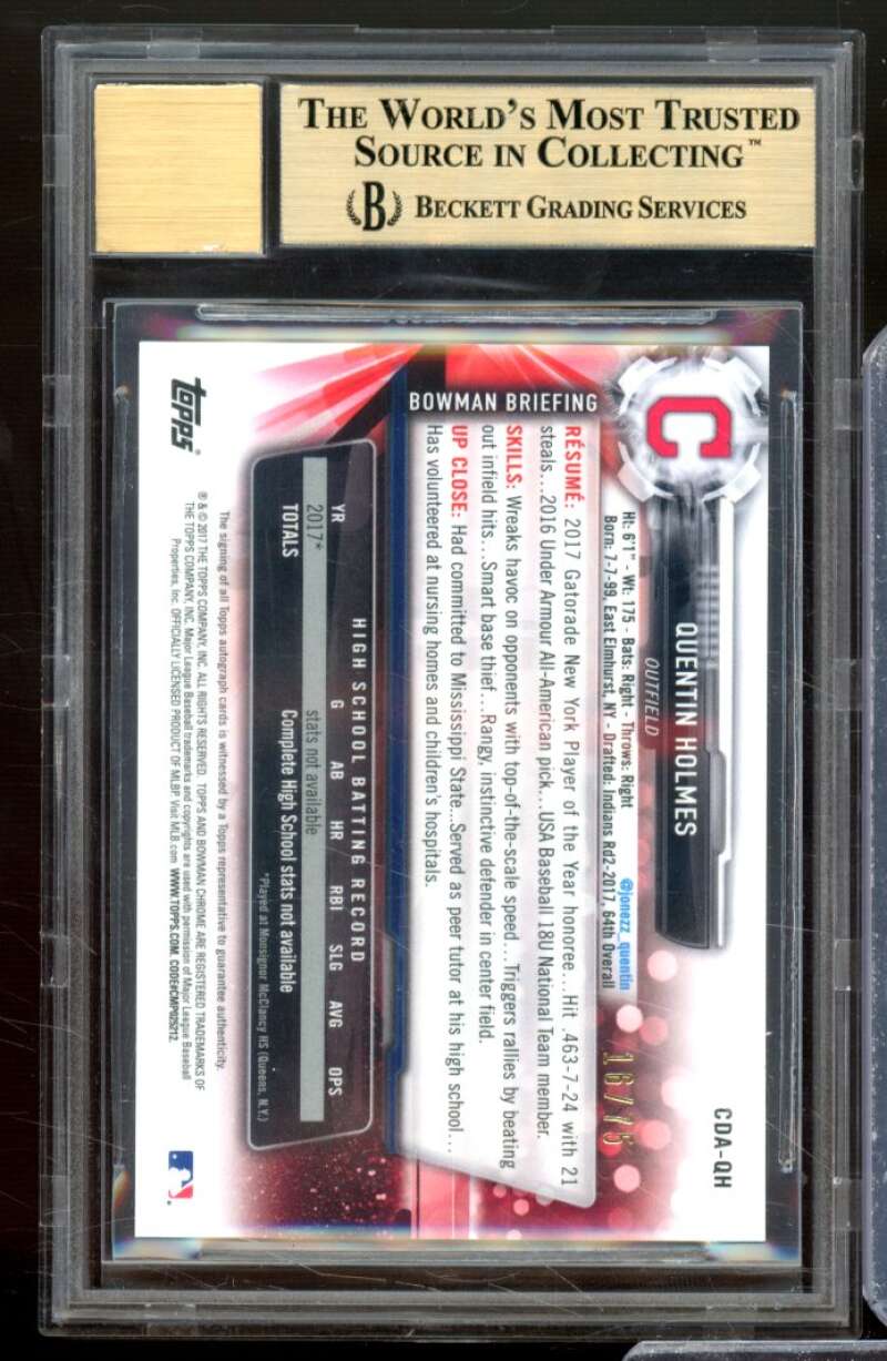 Quentin Holmes RC 2017 Bowman Chrome Draft Auto Black Refractors #CDAQH BGS 9.5 Image 2