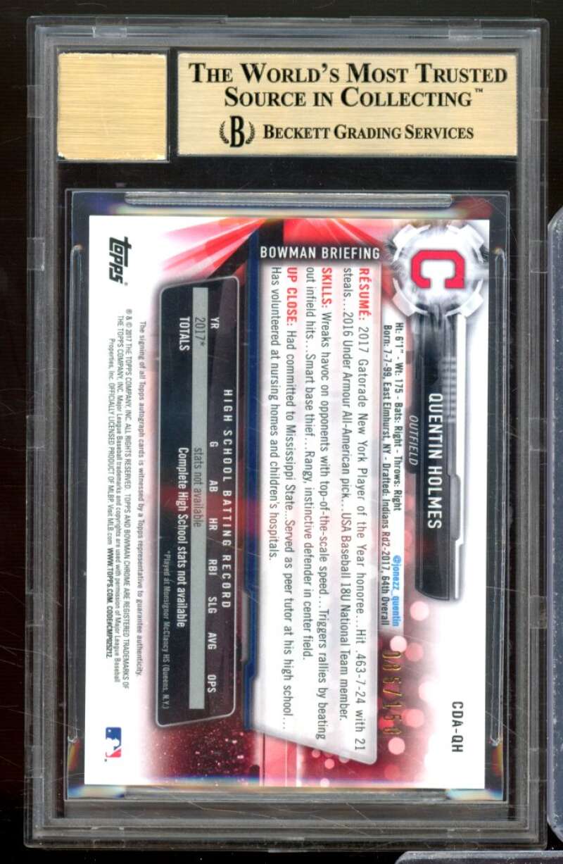 Quentin Holmes RC 2017 Bowman Chrome Draft Auto Blue Refractors #CDAQH BGS 9.5 Image 2