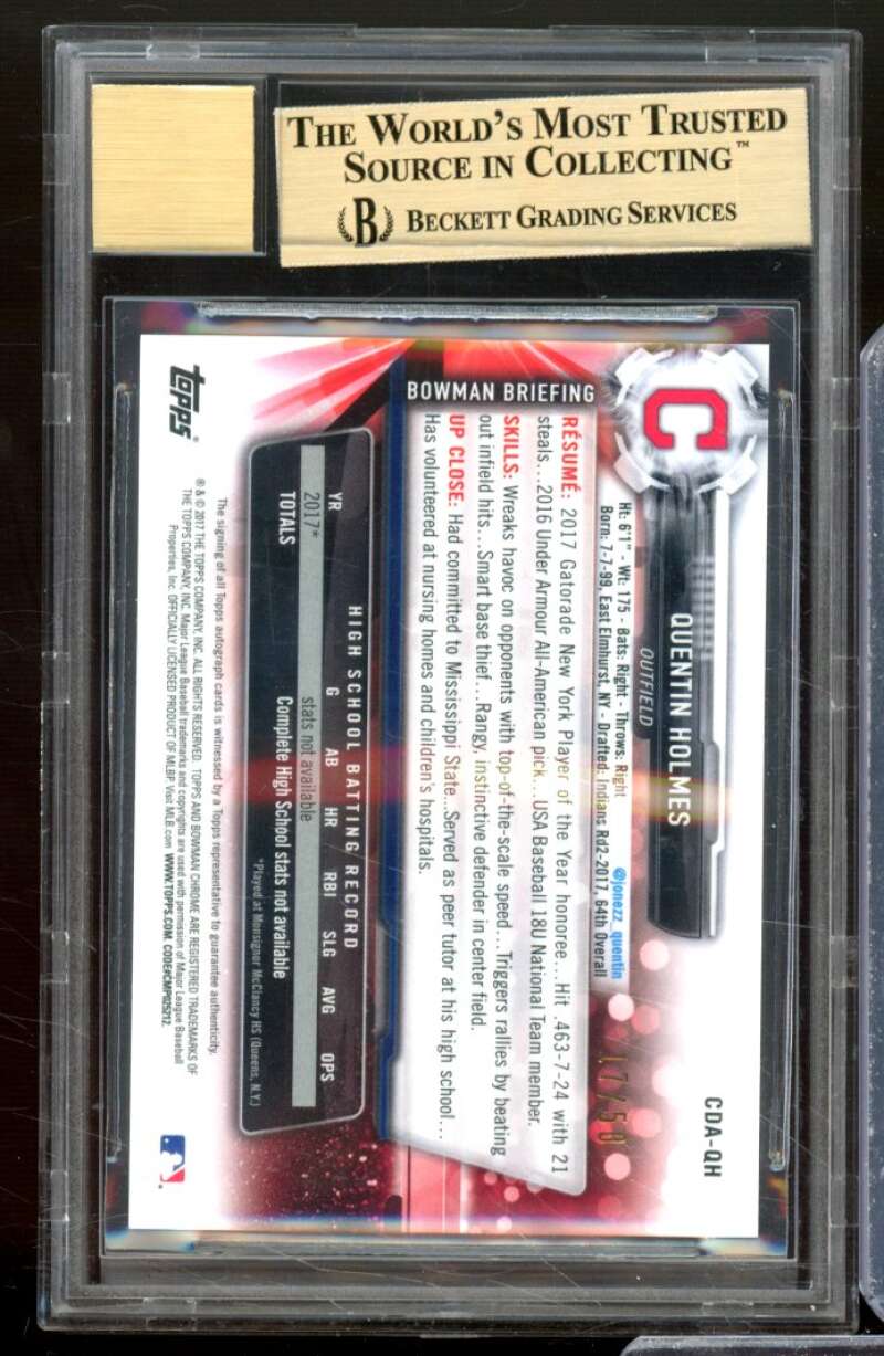 Quentin Holmes RC 2017 Bowman Chrome Draft Auto Gold Refractors #CDAQH BGS 9.5 Image 2