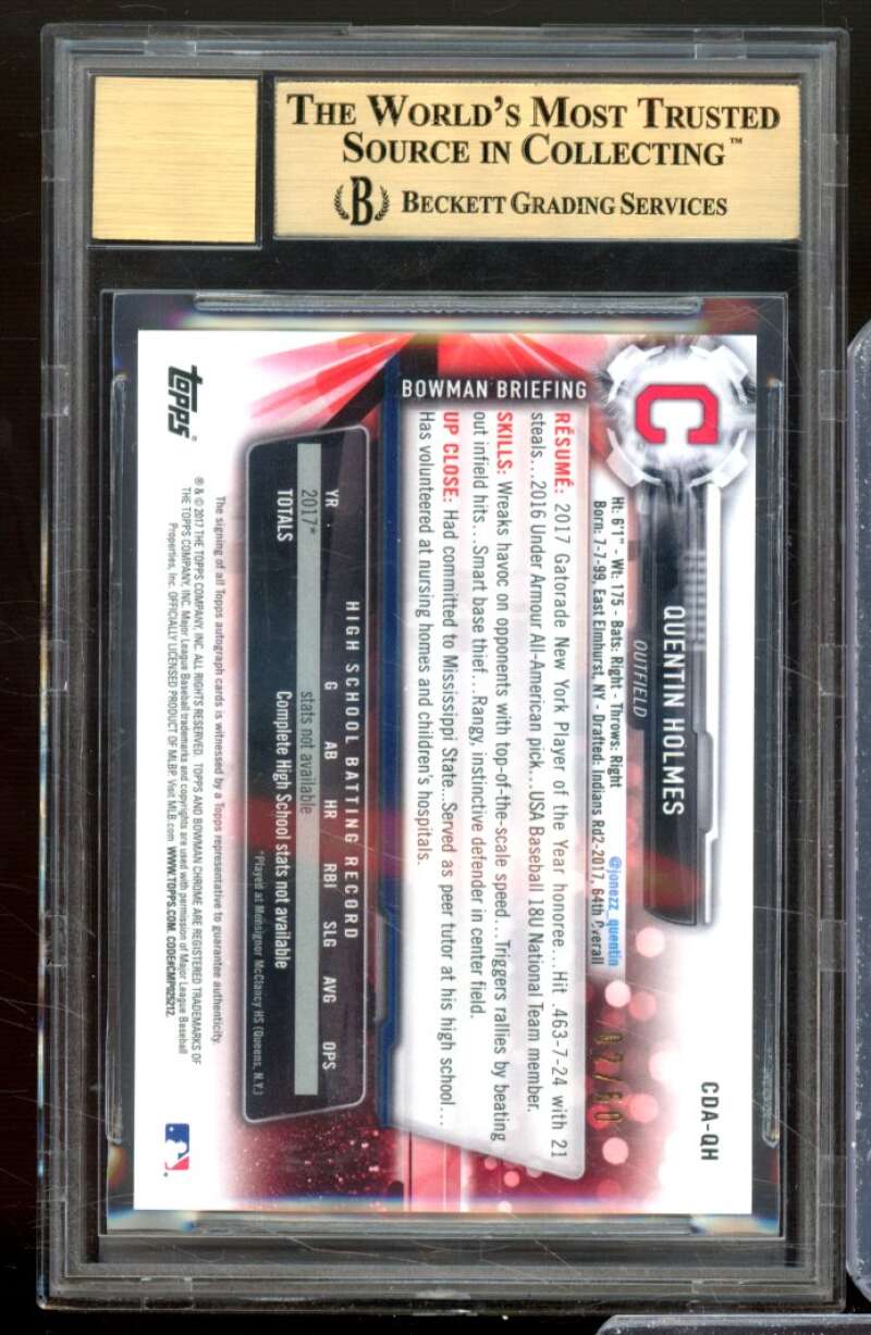 Quentin Holmes RC 2017 Bowman Chrome Draft Auto Gold Refractors #CDAQH BGS 9.5 Image 2