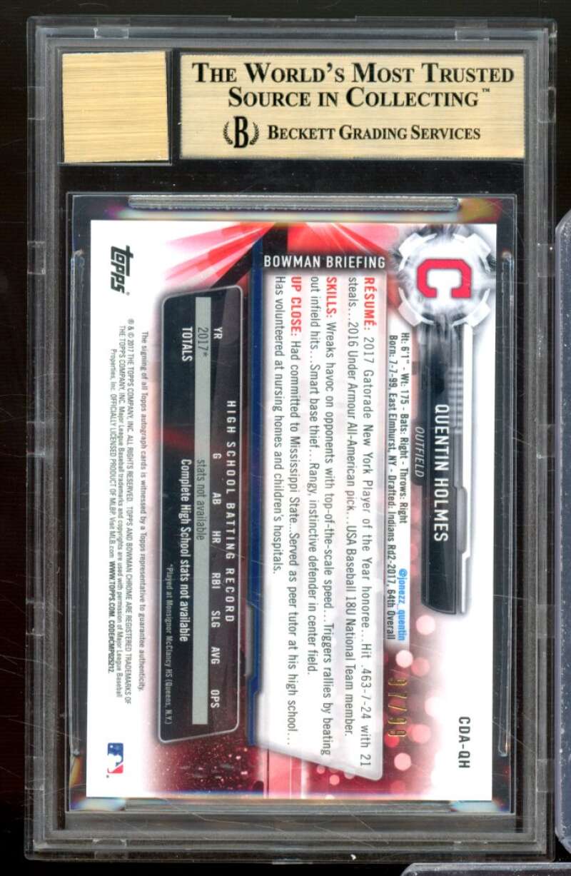 Quentin Holmes RC 2017 Bowman Chrome Draft Auto Green Refractors #CDAQH BGS 9.5 Image 2