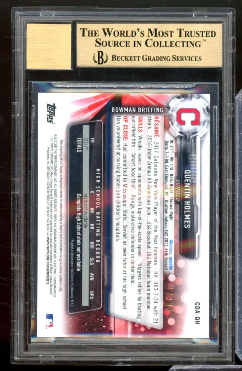 Quentin Holmes RC 2017 Bowman Chrome Draft Auto Green Refractors #CDAQH BGS 9.5 Image 2