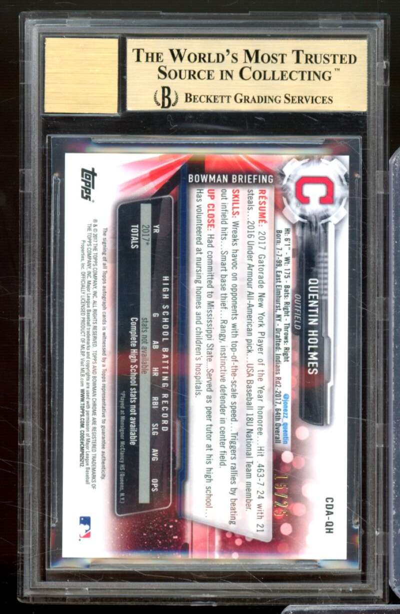 Quentin Holmes RC 2017 Bowman Chrome Draft Auto Orange Refractors #CDAQH BGS 9.5 Image 2