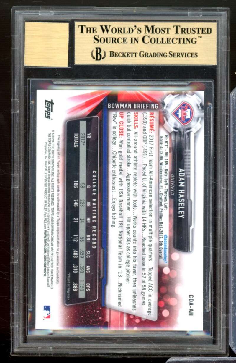 Adam Haseley Rookie Card 2017 Bowman Chrome Draft Autographs #CDAAH BGS 10 Image 2