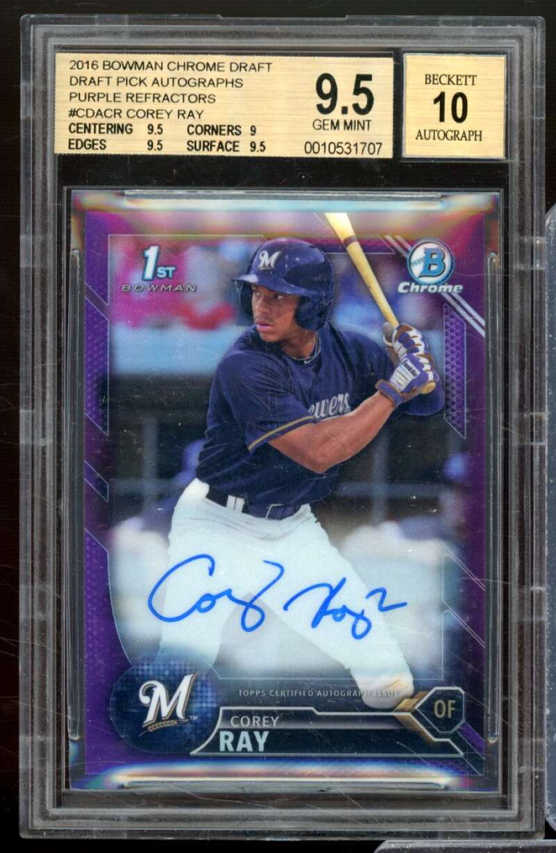 Corey Ray RC 2016 Bowman Chrome Draft Pick Auto Purple Refractors #CDACR BGS 9.5 Image 1