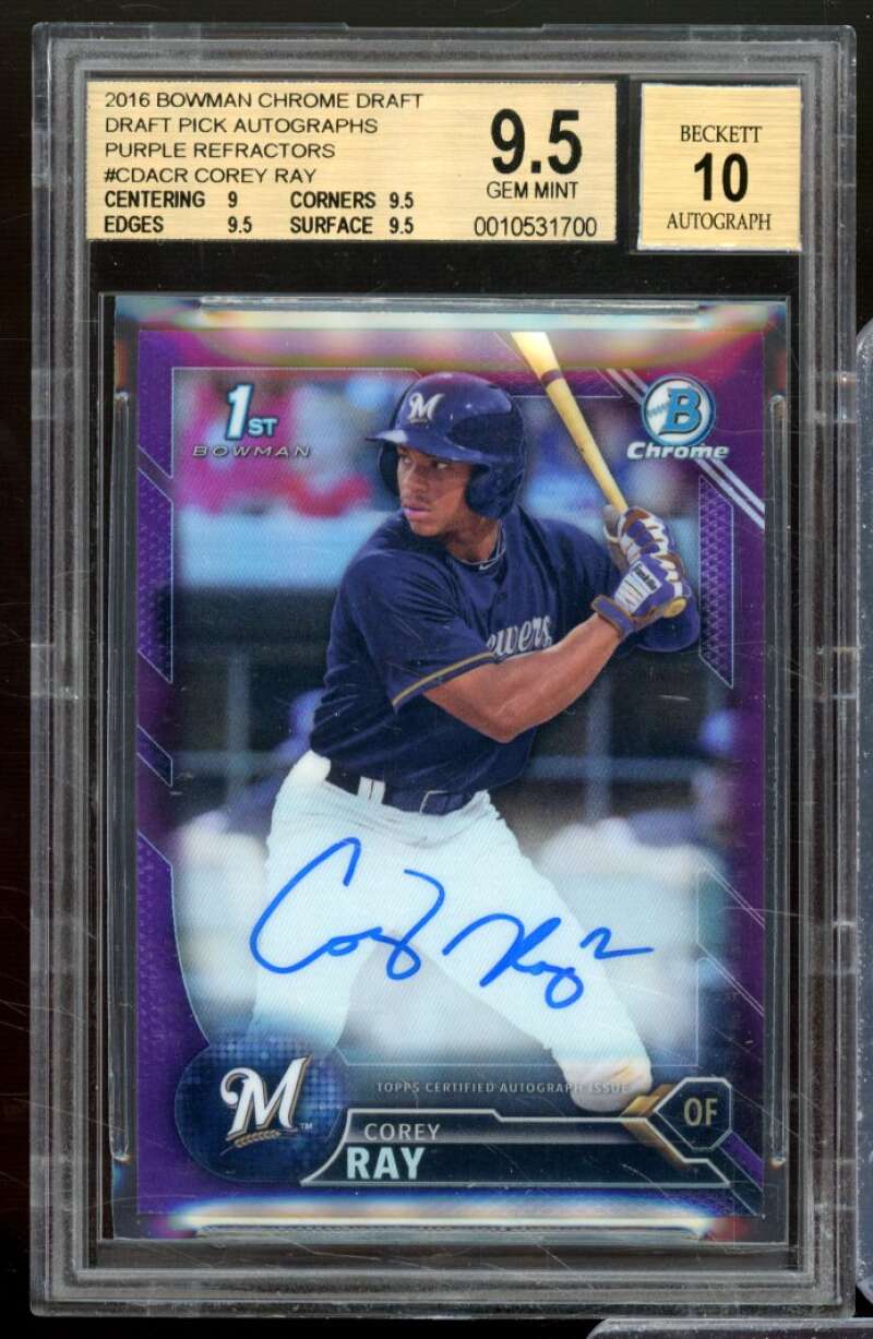 Corey Ray RC 2016 Bowman Chrome Draft Pick Auto Purple Refractors #CDACR BGS 9.5 Image 1