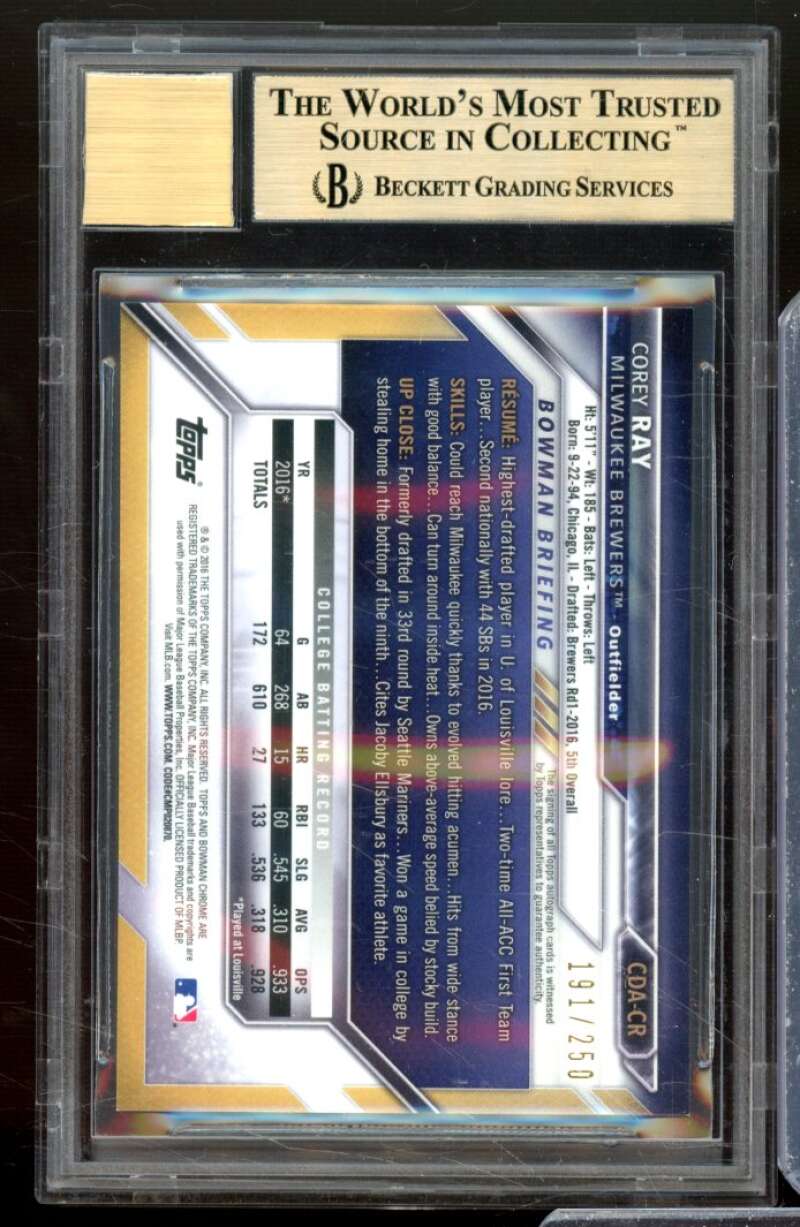 Corey Ray RC 2016 Bowman Chrome Draft Pick Auto Purple Refractors #CDACR BGS 9.5 Image 2