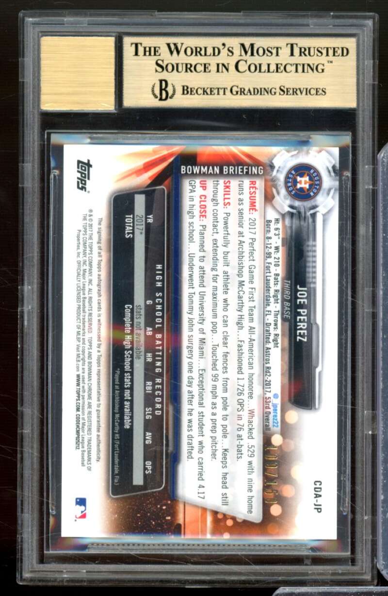 Joe Perez rc 2017 Bowman Chrome Draft Auto Blue Wave Refractors #CDAJP BGS 9.5 Image 2