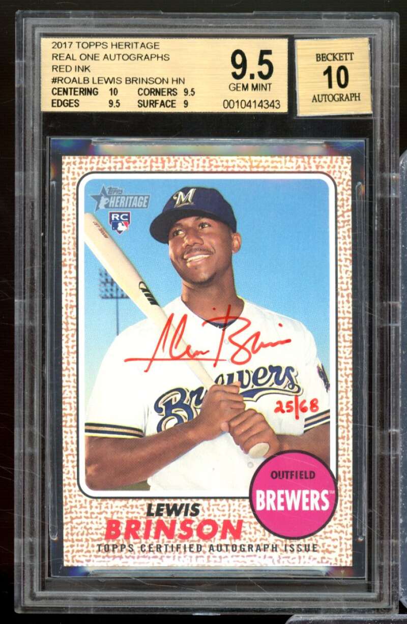 Lewis Brinson RC 2017 Topps Heritage Real One Autographs Red Ink #ROALB BGS 9.5 Image 1