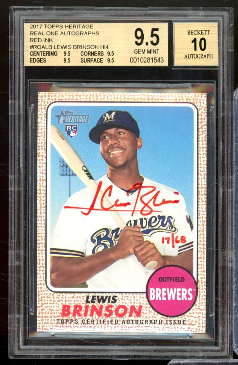 Lewis Brinson RC 2017 Topps Heritage Real One Autographs Red Ink #ROALB BGS 9.5 Image 1