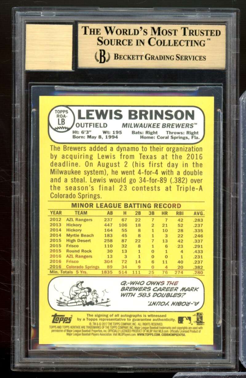 Lewis Brinson RC 2017 Topps Heritage Real One Autographs Red Ink #ROALB BGS 9.5 Image 2