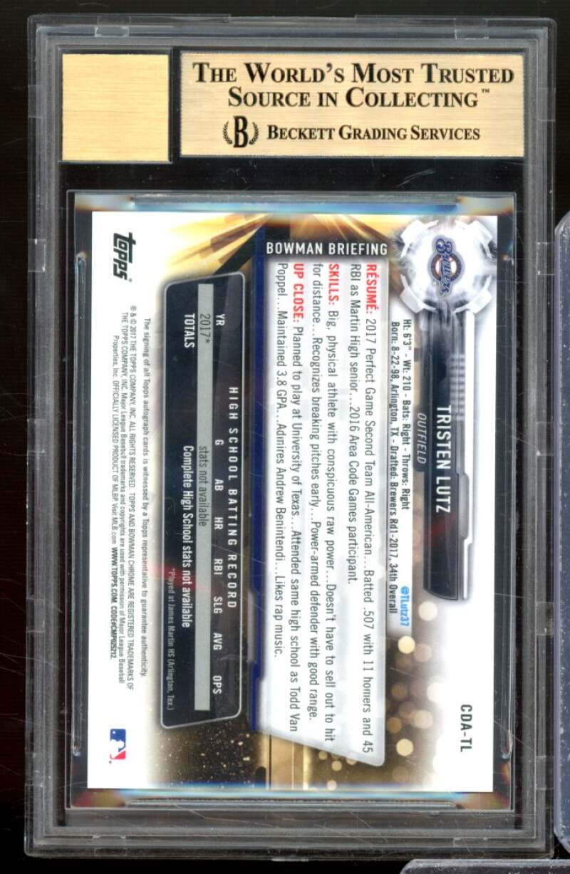 Tristen Lutz Rookie Card 2017 Bowman Chrome Draft Autographs #CDATL BGS 9.5 Image 2