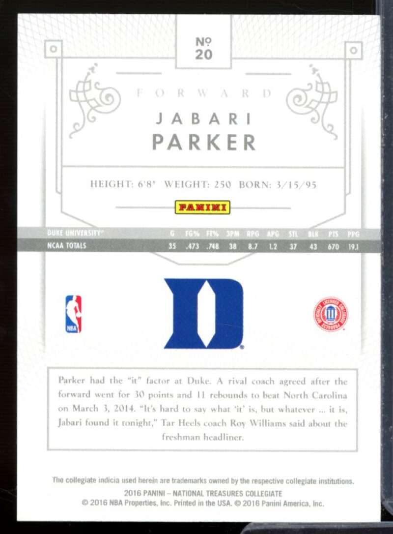 Jabari Parker Rookie Card 2016 Panini National Treasures Collegiate Red #20  Image 2