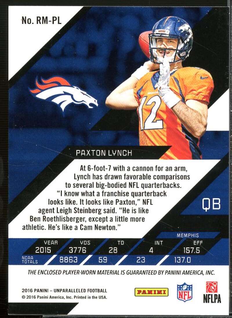 Paxton Lynch Rookie Card 2016 Panini Unparalleled Rookie Jerseys #9  Image 2