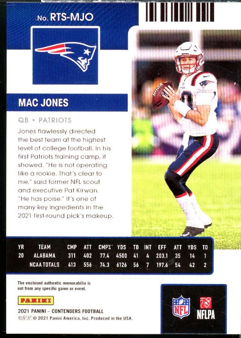 Mac Jones Rookie Card 2021 Panini Contenders Rookie Ticket Swatches #9  Image 2