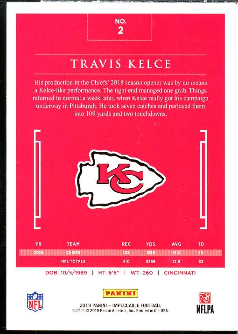 Travis Kelce Card 2019 Panini Impeccable #2  Image 2